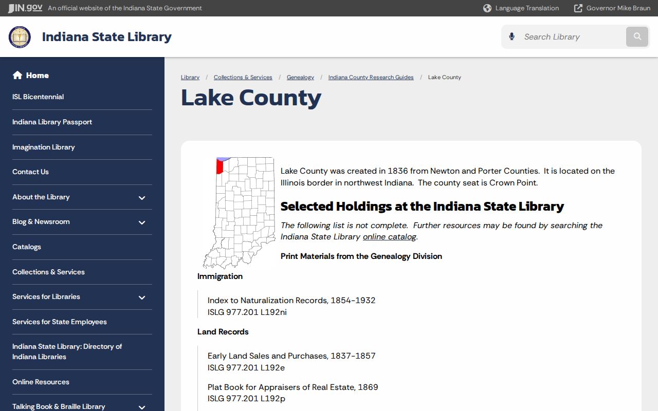 Indiana State Library Lake County genealogy research guide