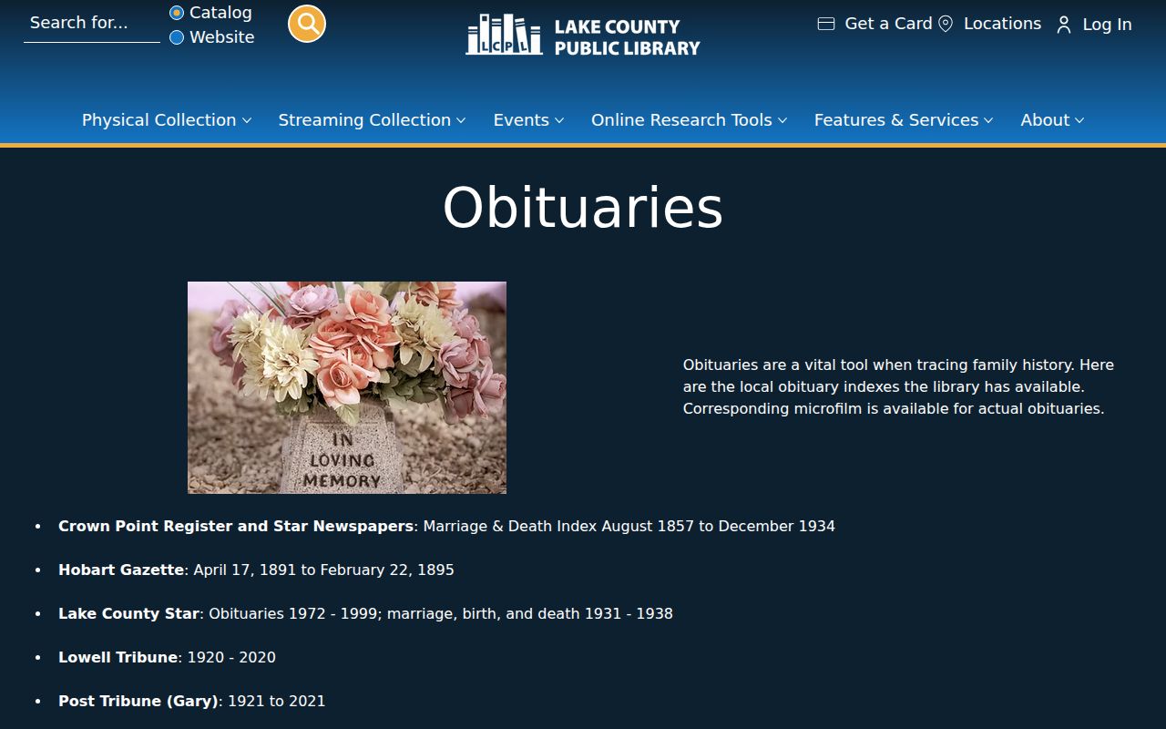 Lake County Public Library obituary index search
